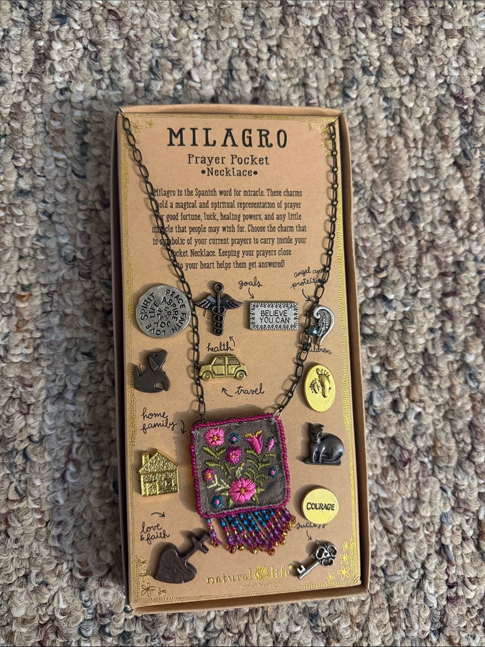 Milagro Embroidered Prayer Pocket Necklace - Pink, Green, Blue